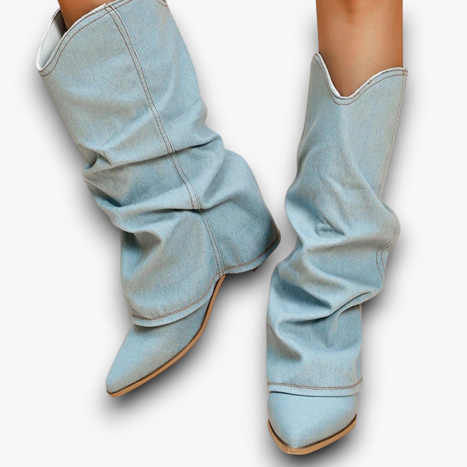 Beatrice - Gevouwen Denim Laarzen met Blokhak voor Dames
