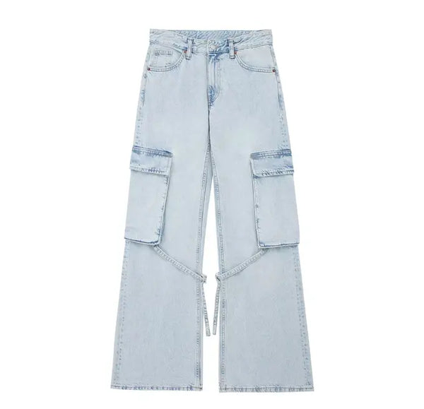 Ostara - Cargo Jeans met Wijde Pijpen en Vetersluiting voor Dames