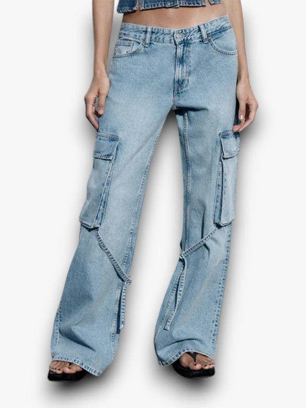 Ostara - Cargo Jeans met Wijde Pijpen en Vetersluiting voor Dames